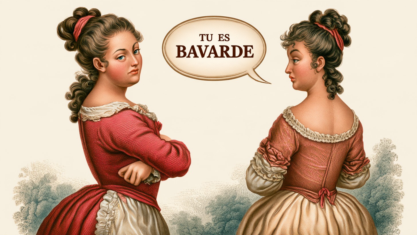 Deux jeunes femmes du XVIIIe siècle se tournent le dos ; l'une dit à l'autre « Tu es bavarde ».