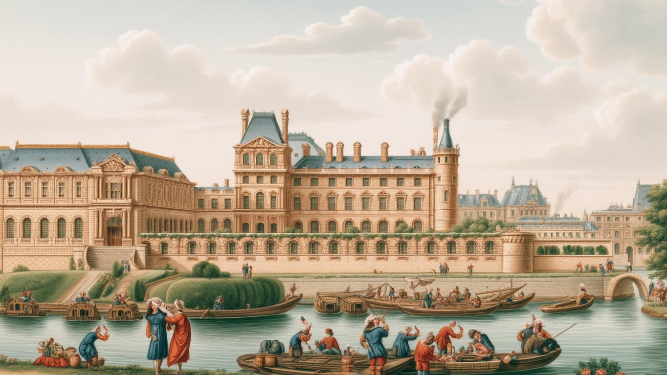 Le Louvre au bord de la Seine, des barques et des promeneurs sur la berge.