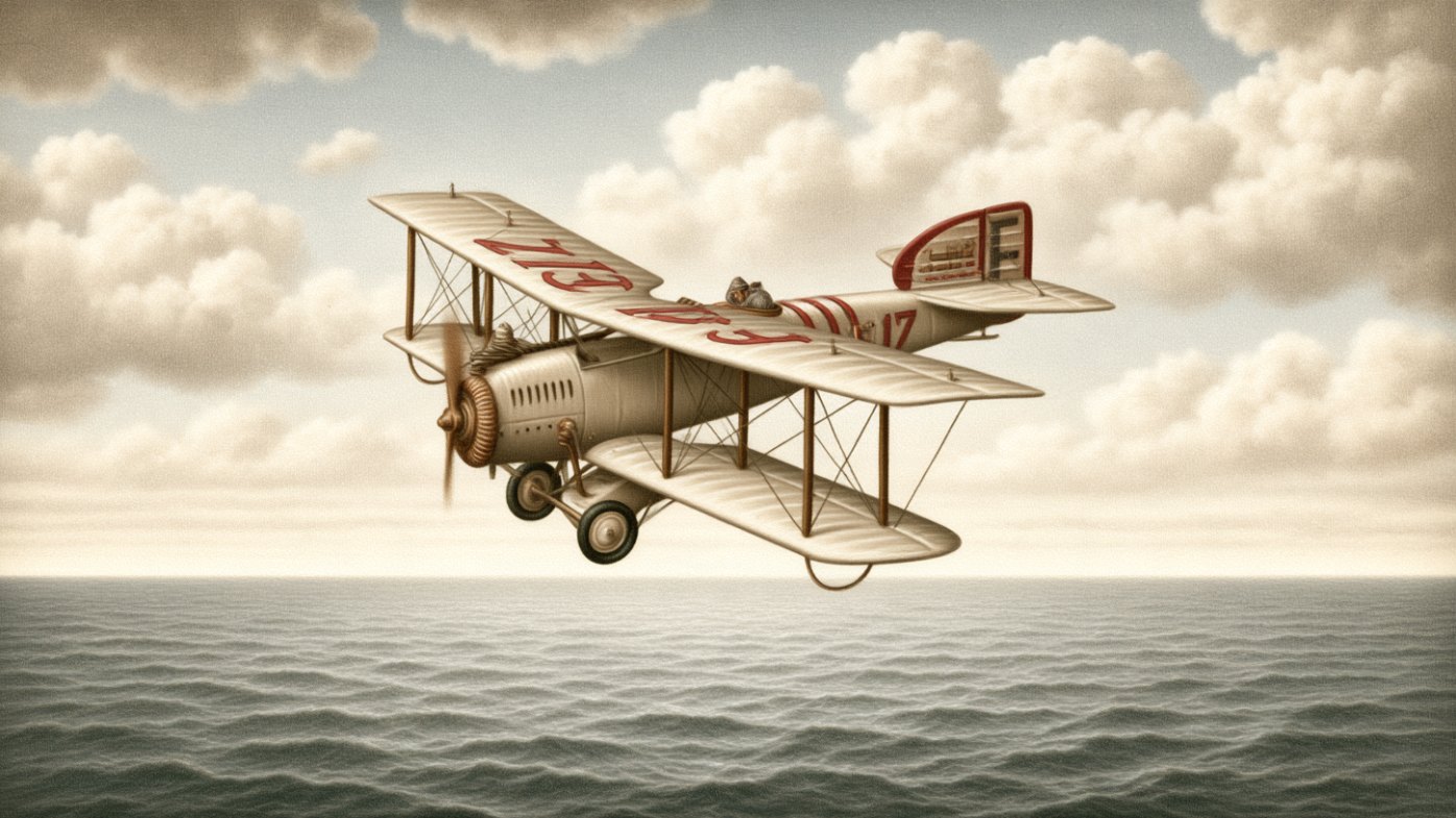 Un biplan des années vingt, ailes crème et chiffres rouges, vole au-dessus de la mer sous un ciel de nuages.