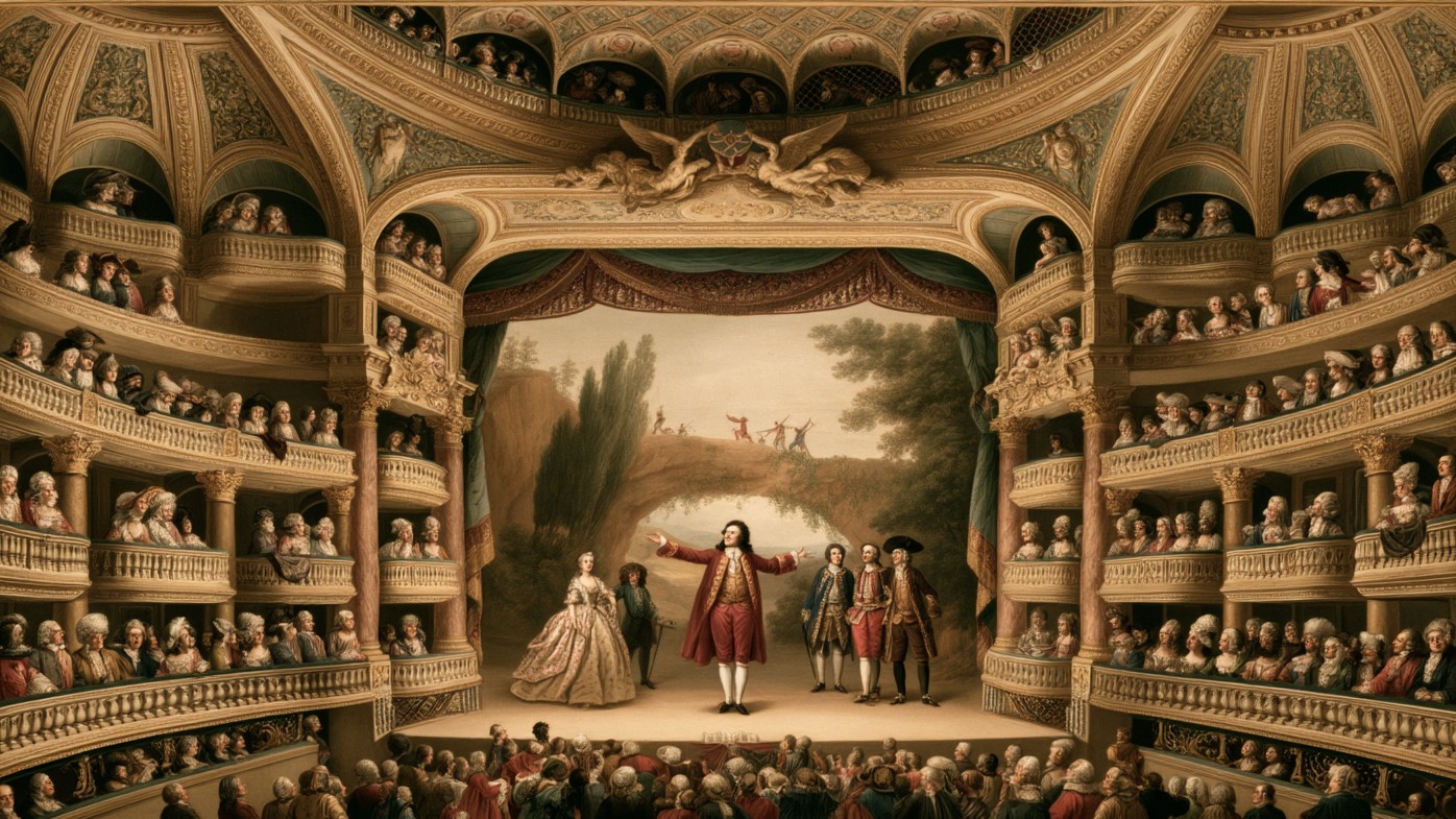 Une salle de théâtre du XVIIIe siècle, loges dorées pleines de spectateurs ; sur la scène, un comédien en habit rouge ouvre les bras.