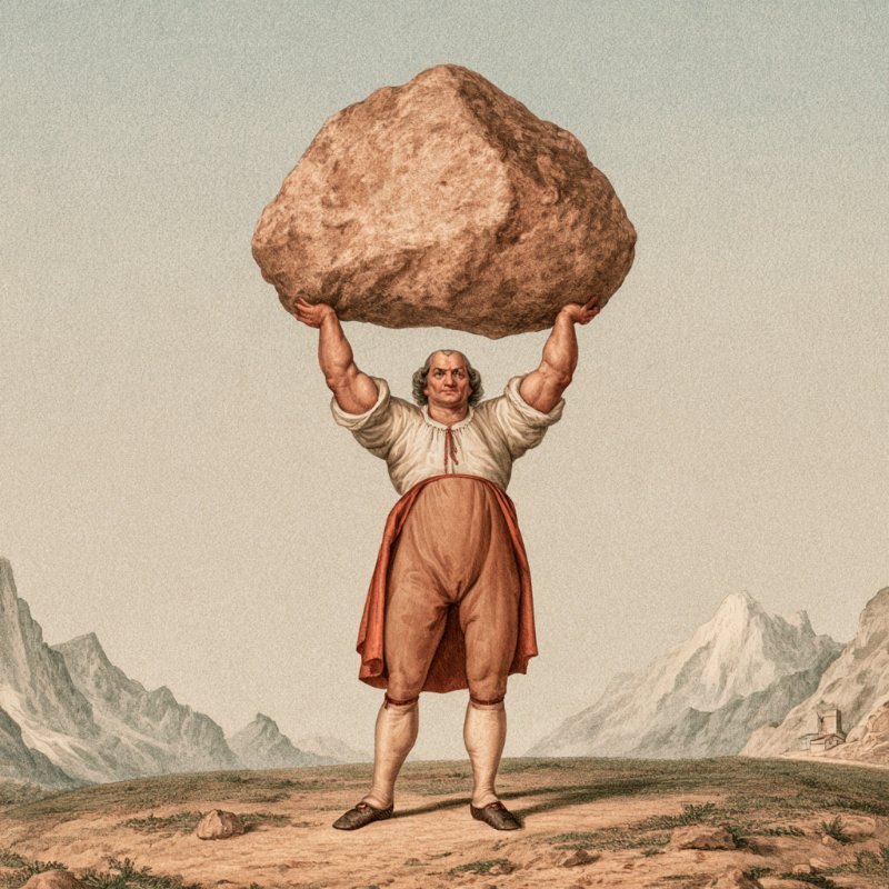 un homme soulève un gros rocher à deux mains